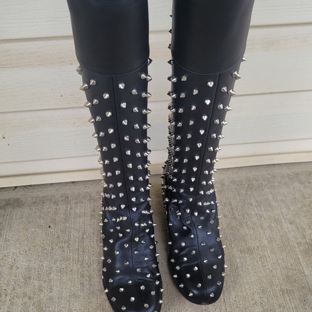 Christian Louboutin Studded Flat Boots Knee Black Shoes MENEBOOT IT 37 US 6.5-7